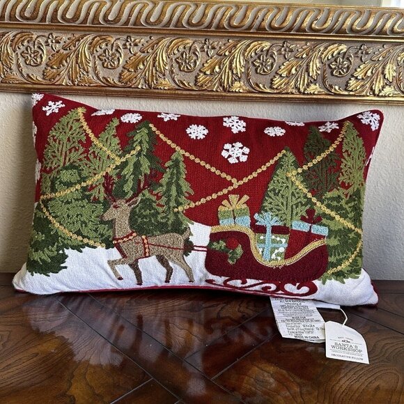 Santa's Workshop Decorative Pillow Christmas Motif‎ Feather Fill 14" x 24" NWT - Picture 1 of 12